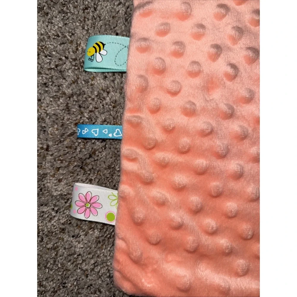 Insular Coral Minky Dots Velour Ribbon Tags Security Blanket Lovey‎ 9x9.5